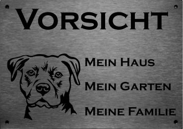 Edelstahl Warnschild Staffordshire Bullterrier VORSICHT Mein Haus mein Garten meine Familie